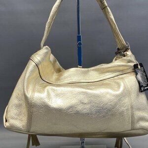 B. Makowsky Gold Metallic Leather Snap Closure Handbag